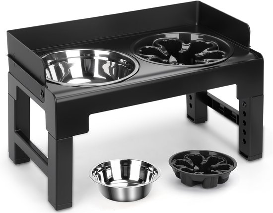 Nobleza Gamelle surélevée pour chien – Réglable en 6 hauteurs et inclinable – Avec bord anti-débordement – Gamelle en acier inoxydable 1000 ml + Gamelle anti-glouton 600 ml – Pour chiens et chats – Noir