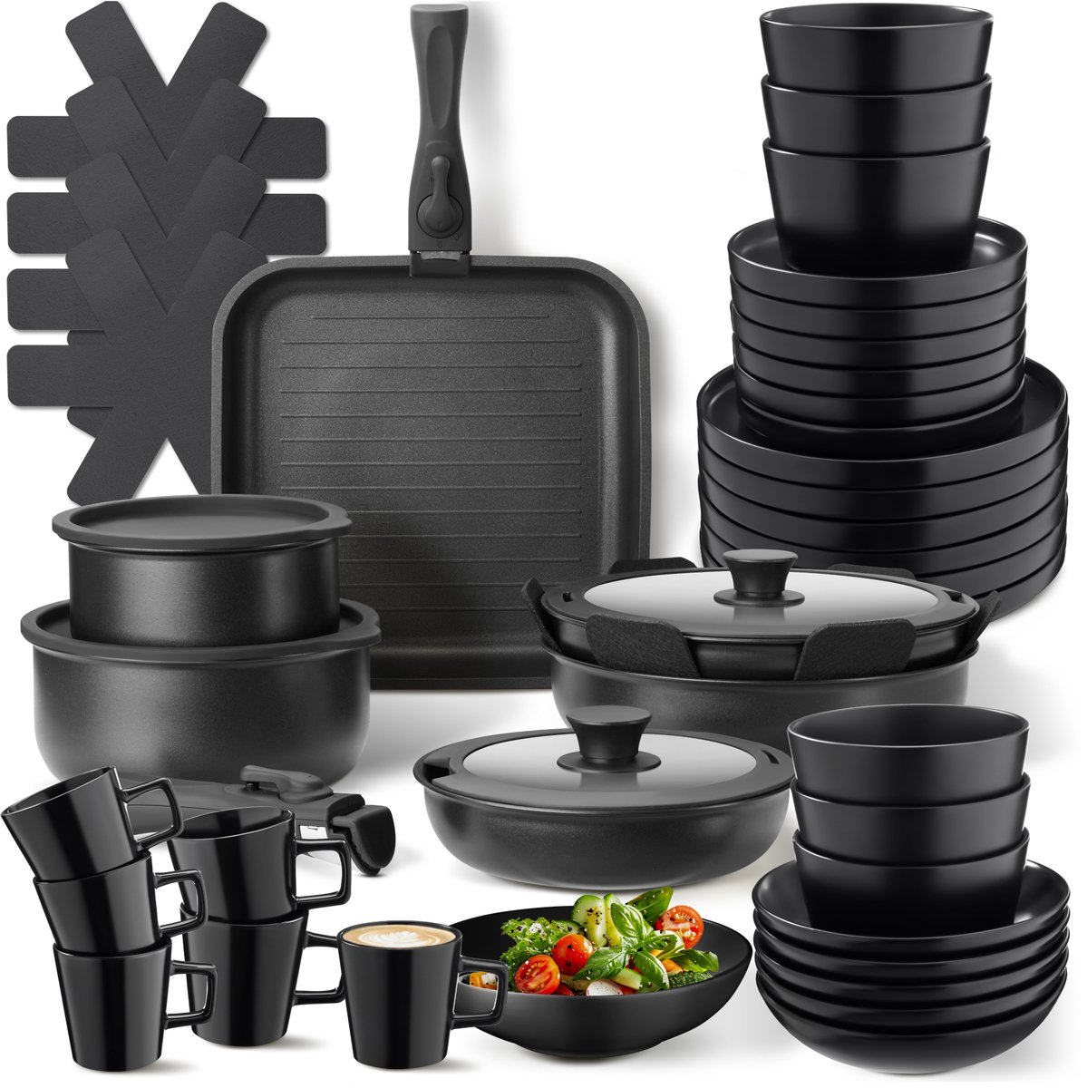 tectake® Complete Pannenset - Borden Set - Aardewerk - 47-delig - 6 Persoons - Set met Servies, Koekenpan, Grillpan, Kookpan, Kommen - Pannen met Deksel en Antiaanbaklaag - Ovenbestendig - Vaatwasbestendig - Geschikt voor Inductie - Zwart