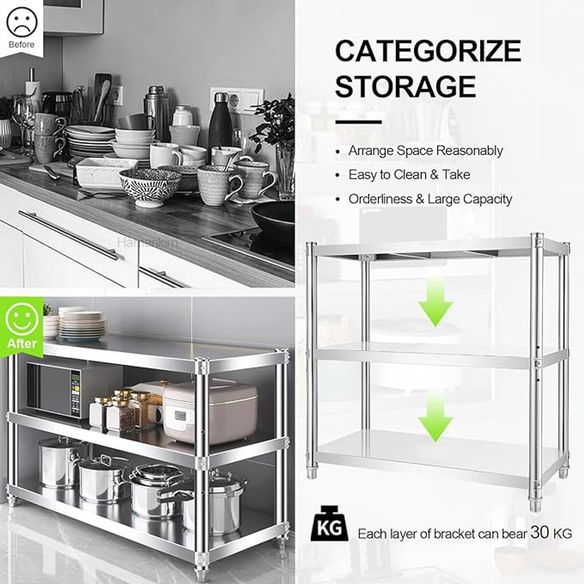 3-Laags RVS Keukenrek / Magnetronstandaard 100x50x80 cm – Verstelbaar Heavy Duty Opbergrek van 304 Roestvrij Staal voor Keuken, Wasruimte, Garage en Voorraadkast