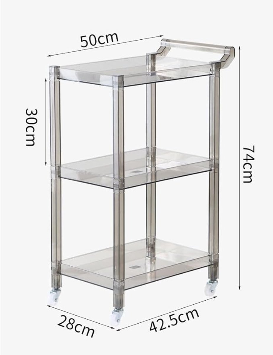 Keukentrolley op Wielen 3-Laags 80x40x90 cm – Transparant Acryl & Metaal – Afneembaar Snackrek – Multifunctionele Rolwagen voor Keuken, Woonkamer & Kantoor – Modern Design Grijs