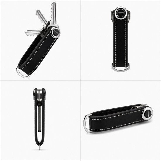 Zwarte leren sleutelhouder van Keystaq met witte stiksels, in verschillende formaten en hoeken getoond.
