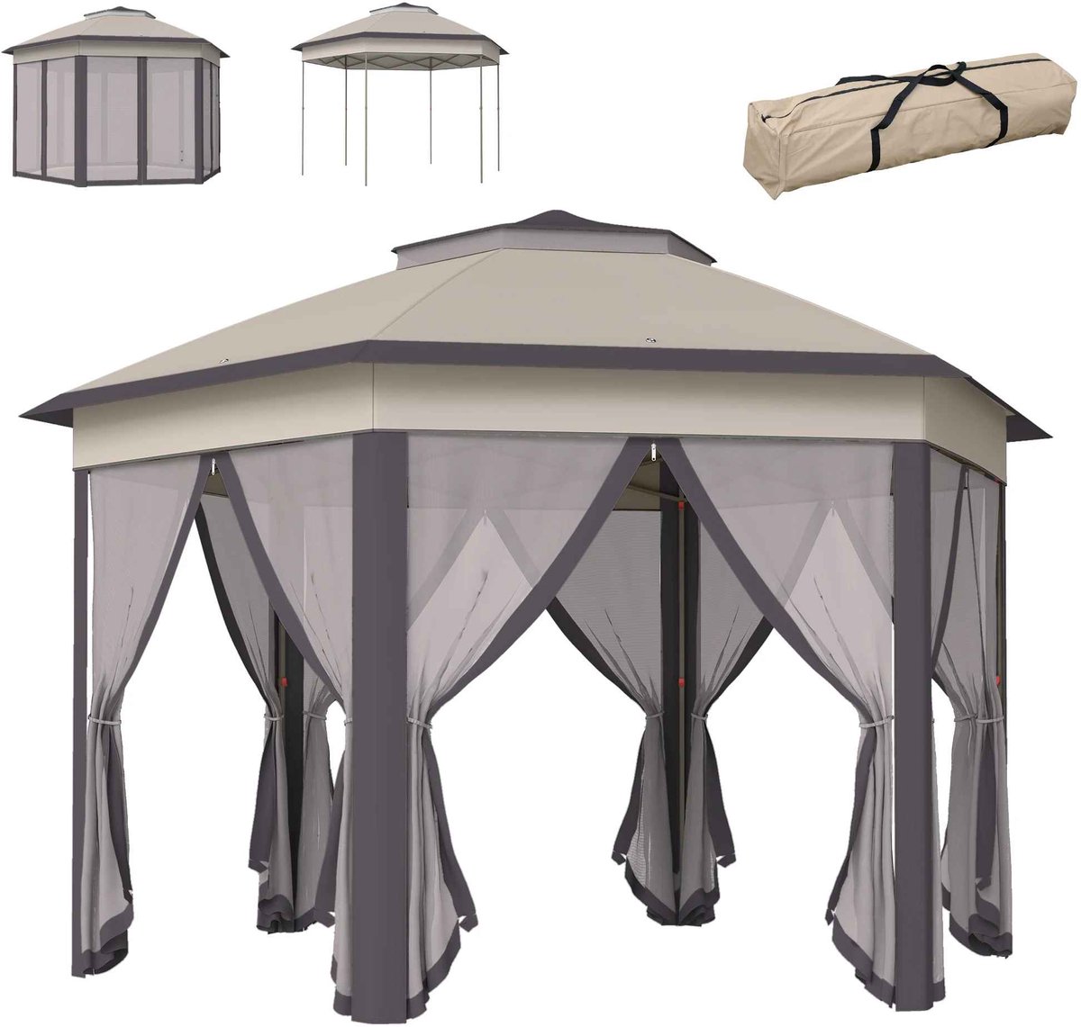 CORE Paviljoen 6-hoek - Tuintent - Overkapping - Partytent/feesttent - zeszijdig - Met dubbel dak 4x1.75mx2.85m - Lichtbruin