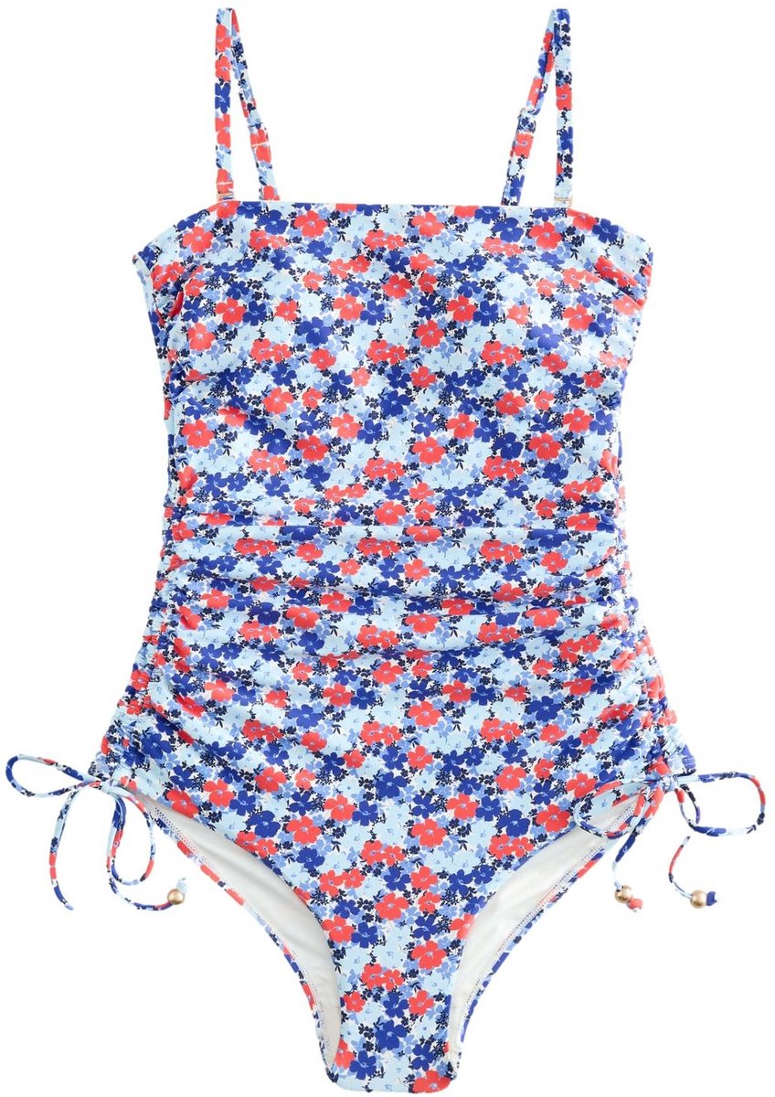Next Dames - Vormgevend, buikcorrigerend bandeaubadpak met ruches op de pijpen - Blauw Navy Blue/Red Disty Floral