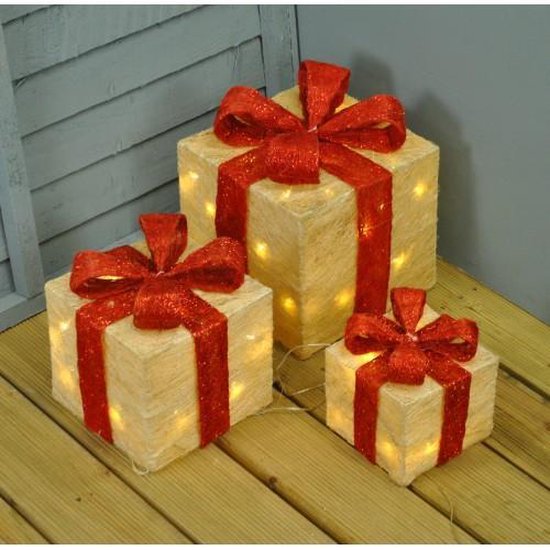 Kerstversiering|Kerstverlichting|3-lit gouden pakjes met rode strikken - Premier... bol.com