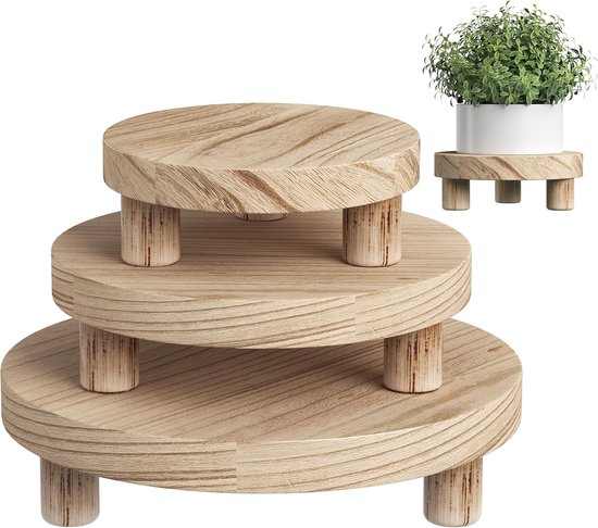 3 stuks Houten Plantenstandaard Binnen & Buiten - Rond Display Krukje 6/8/10 Inch - Natuurlijk Bloempot Onderstel - Decoratief Onderzetter voor Tuin, Bureau en Interieur