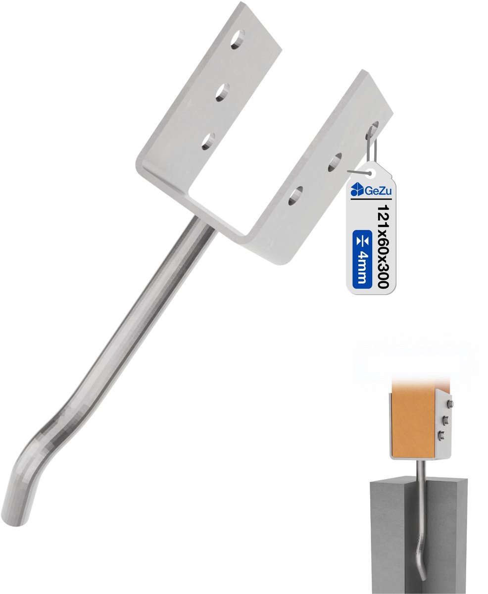 GeZu Impex U Paalhouder met gebogen pen Thermisch verzinkt 121 x 300 mm pergoladrager paaldrager paalsteun