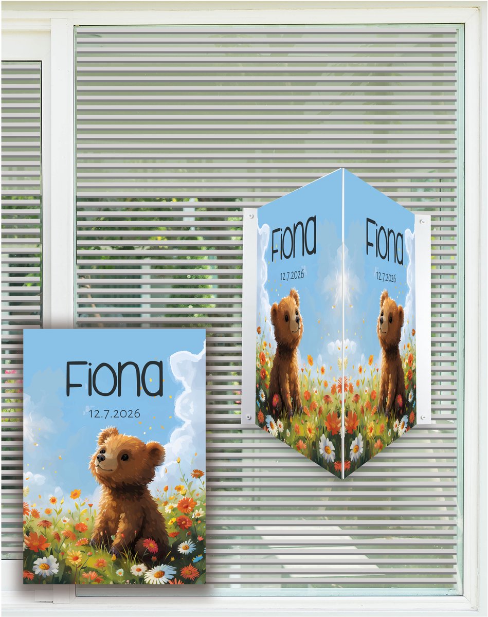 StudioJitske | geboortebord | raambord | raamsticker 80cm | beer bloemen weide met naam en geboortedatum