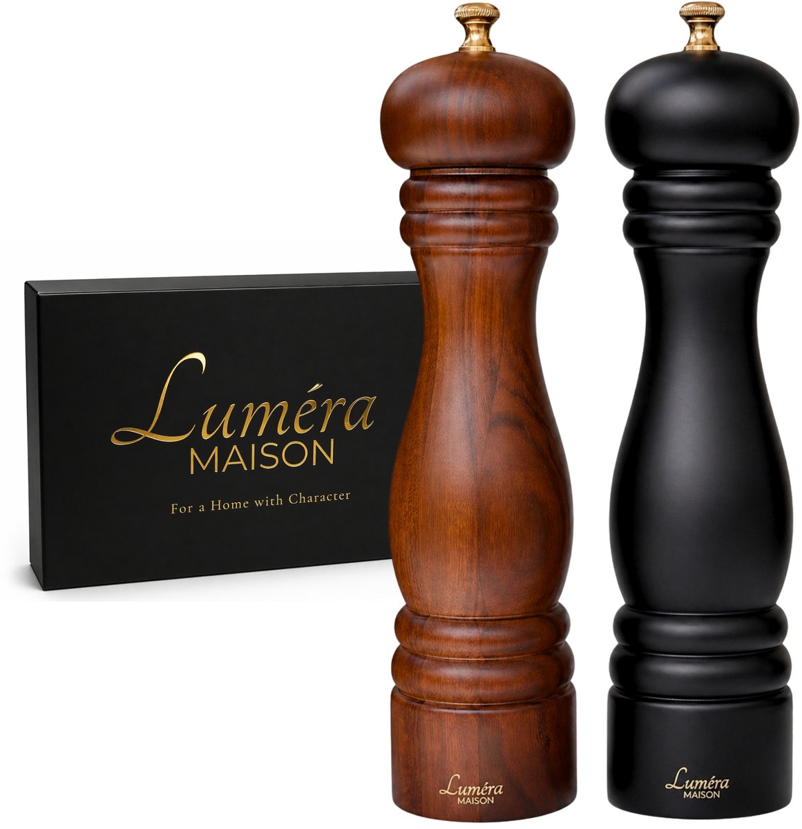 Luméra Maison Peper en zoutmolen set – Acacia – 27 cm – Verstelbaar – Bruin/Zwart
