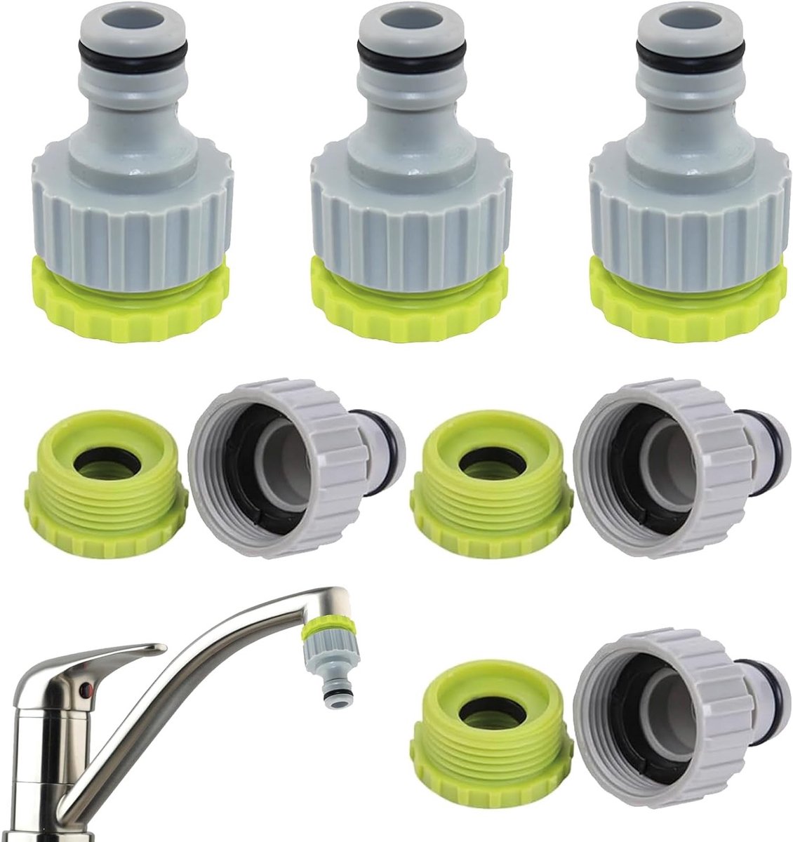 Faucet Adapters en Connector Set voor Tuinirrigatie - 6 Stuks, 2 in 1 Slangconnector met 1/2 Inch en 3/4 Inch Draad, Plastic Wateraansluiting voor Tuin en Buitengebruik