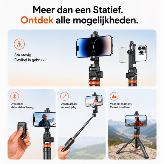 Sounix Telefoon Statief - SelfieStick Tripod met Bluetooth Afstandsbediening - tot 158 cm hoog - Tripod Smartphone - Action Camera Statief - Zwart