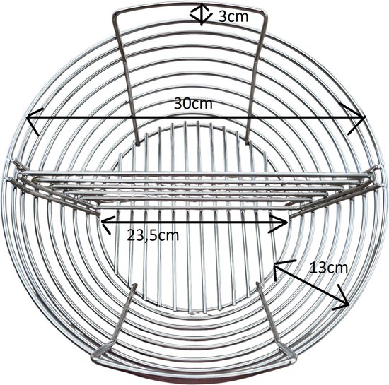 Afmetingen van de RVS kolenmand: 30 cm breed, 23,5 cm diep, 13 cm hoog, 3 cm handvat.