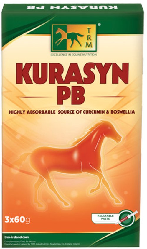 Verpakking voor Kurasyn PB, een voedingssupplement voor paarden, met een illustratie van een oranje paard.