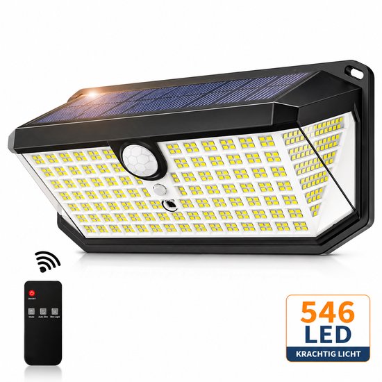 Zwarte buitenlamp op zonne-energie met 546 LED's, bewegingssensor en afstandsbediening.