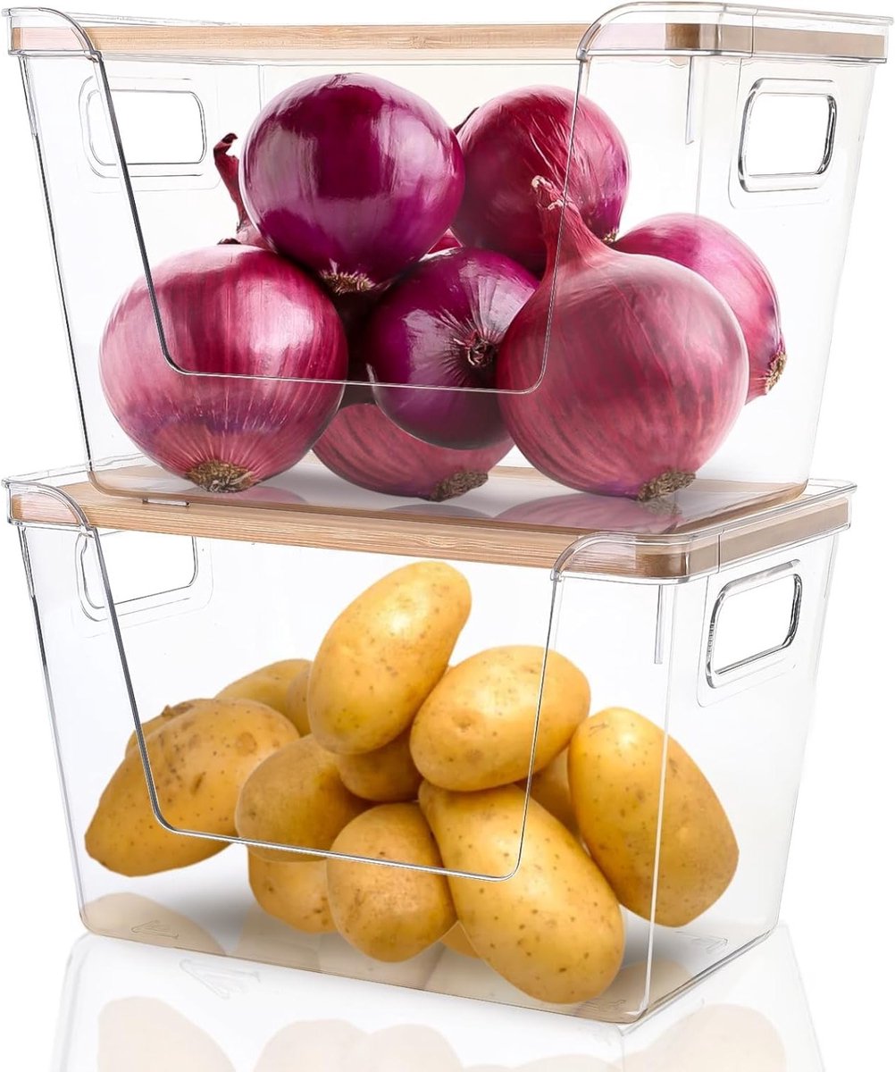 Set van 2 stapelbare voorraadkastorganizers voor aardappel, ui, knoflook, fruit, groente - transparante opslagbakken met deksel.