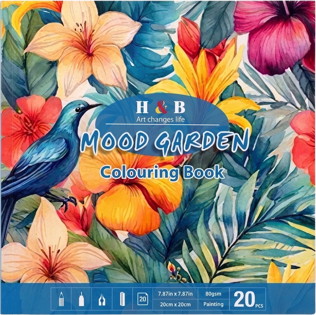 Mood Garden Kleurboek voor Volwassenen, Tieners en Kinderen - 20 Unieke Botanische Kleurplaten - Bloemen & Natuur - 20x20 cm - Kleurboek voor Volwassenen en Tieners - Inclusief Tulpen en Rozen