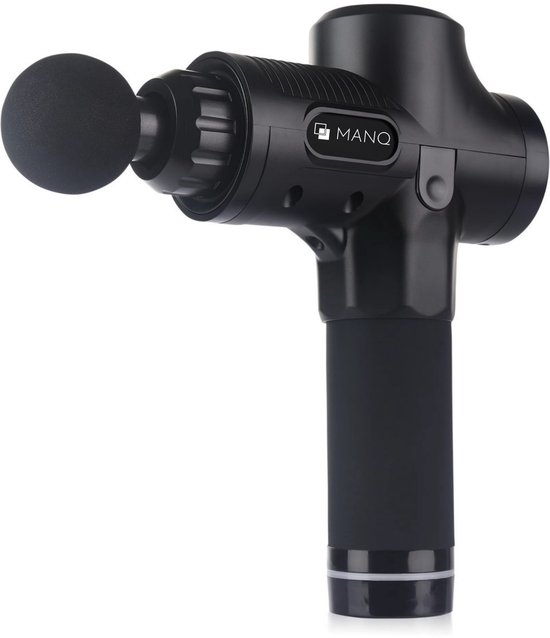 Zwarte MANQ massage gun met ronde opzetstuk en indicatorlampje.