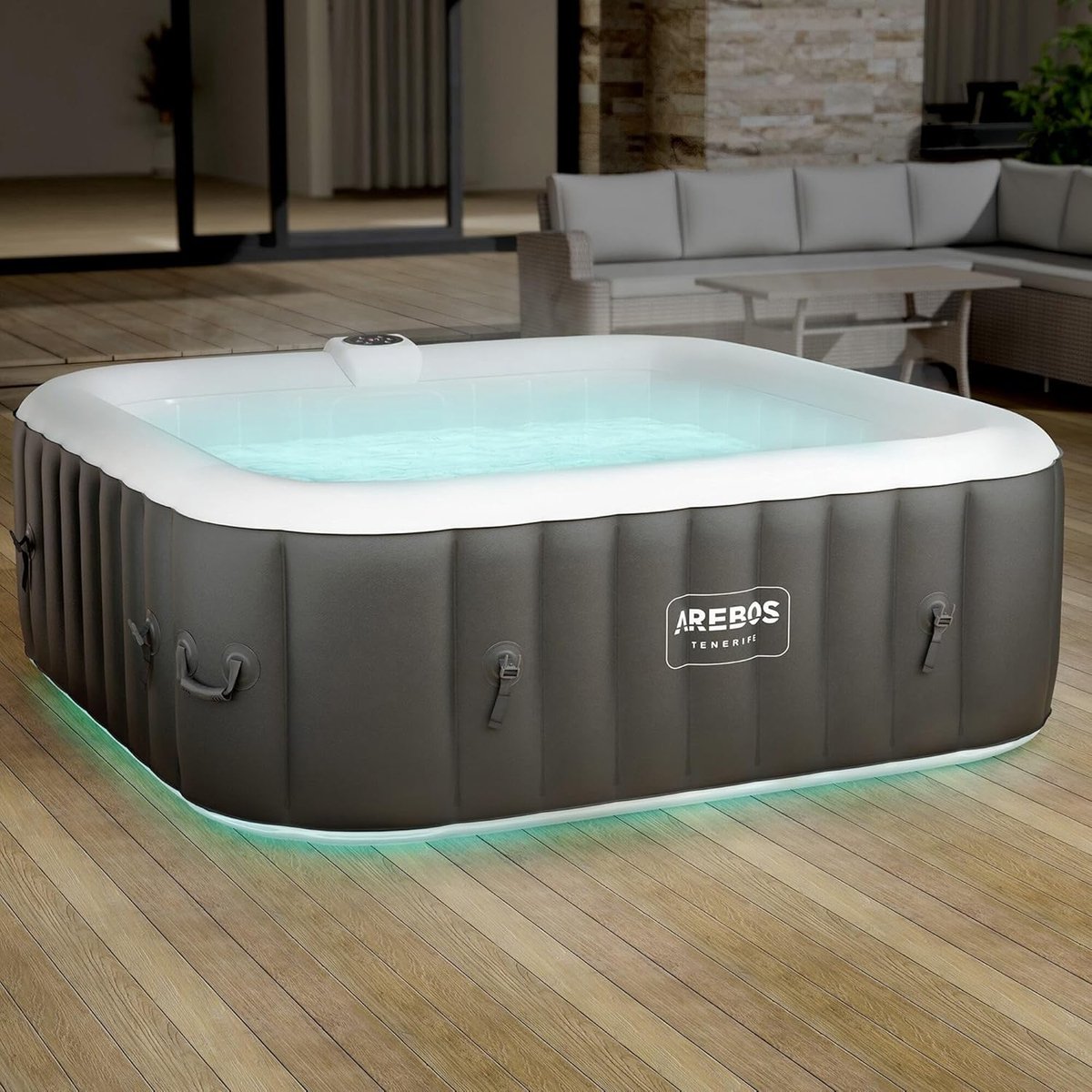 Luxe Opblaasbare Spa Whirlpool 6 Personen 185 x 185 x 65 cm met 130 Massagejets, LED Verlichting en Automatische Inflatie