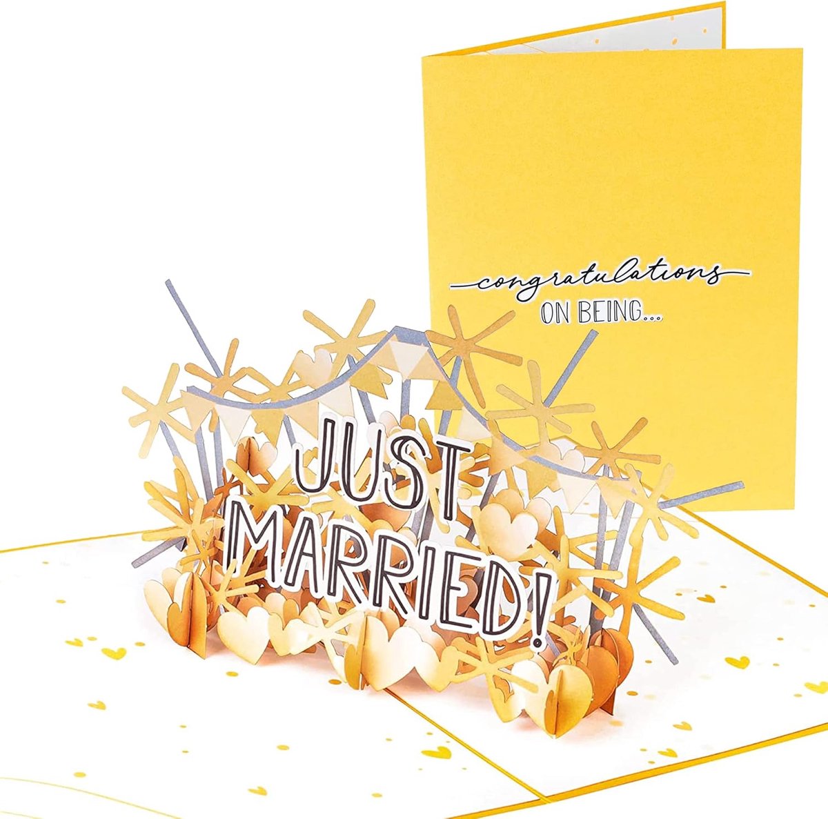 Pop Up Kaart - Wenskaart 3D - Bruiloft Vieren - Met Gouden Harten - 15 x 19 cm - Geel