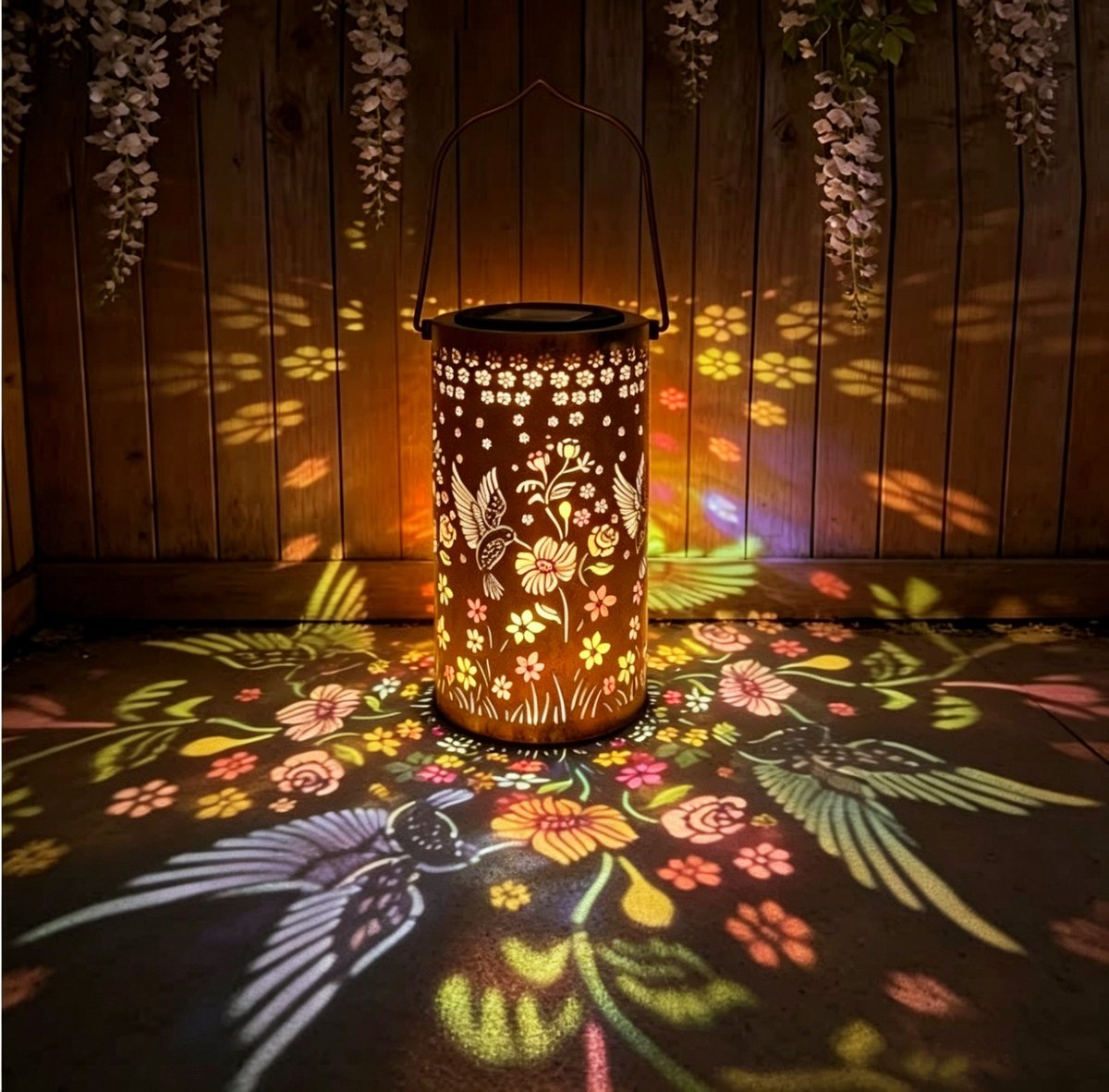 COOAU - Solar Kolibrie & Bloemen Hangende Lantaarn - Waterdichte LED Projectie Lantaarn - 