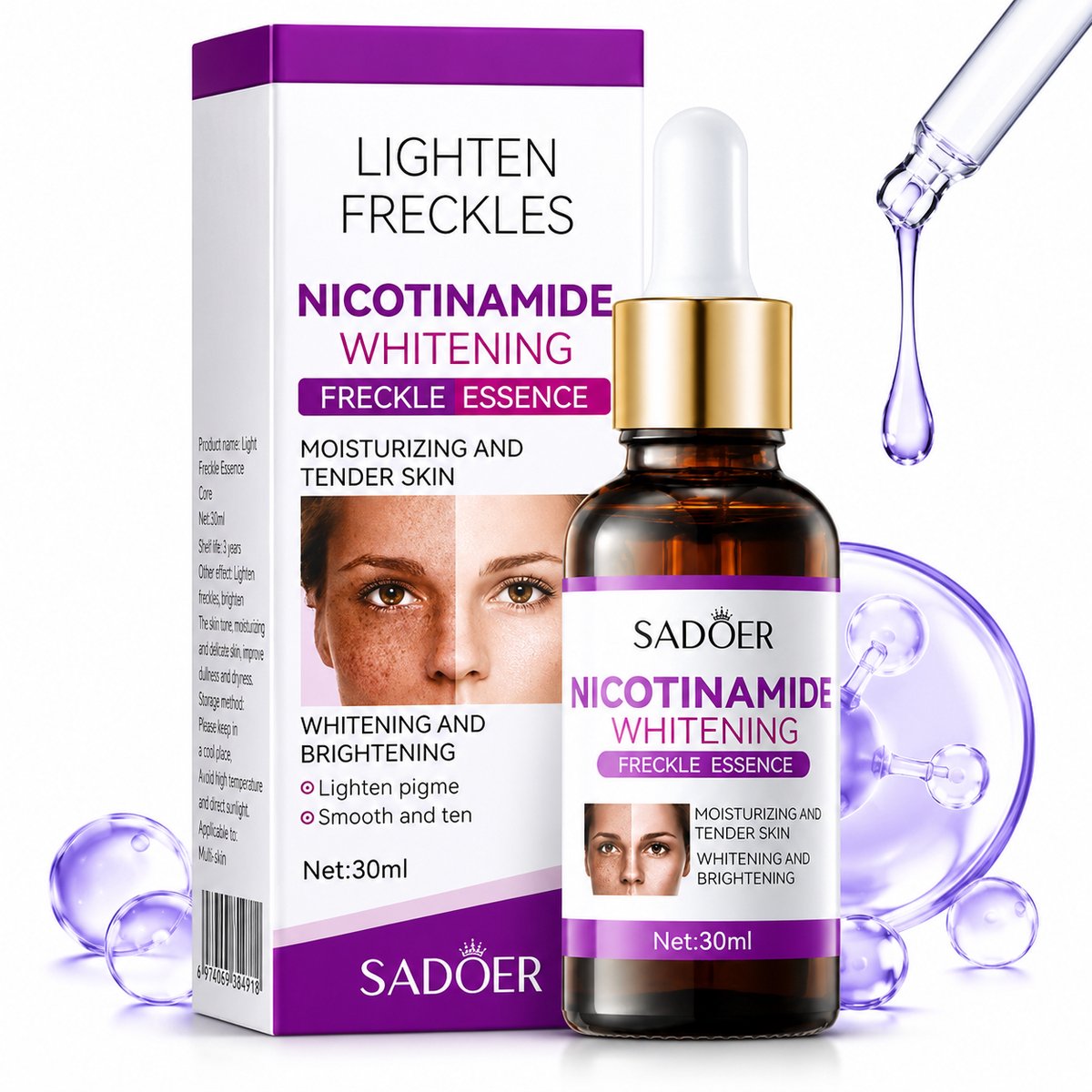 SADOER Niacinamide Serum 30ml | Gezichtsserum | Tegen Donkere Vlekken | Pigmentvlekken Serum | Hydraterend Serum | Vitamine C Serum | Huidverheldering | Anti Aging Serum | Glow Serum | Egalere Teint | Huidverzorging