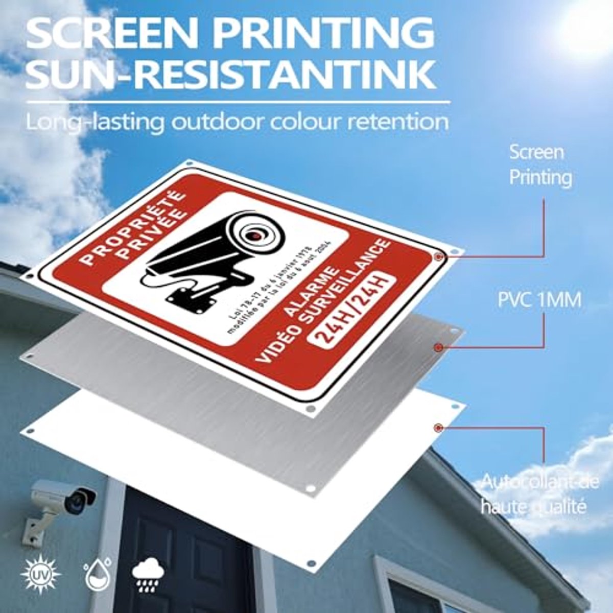 Waarschuwingsbord - Beveiligingsbord - Eigendom Beveiligen - Zelfklevend PVC - 18 x 13 cm - Rood Wit
