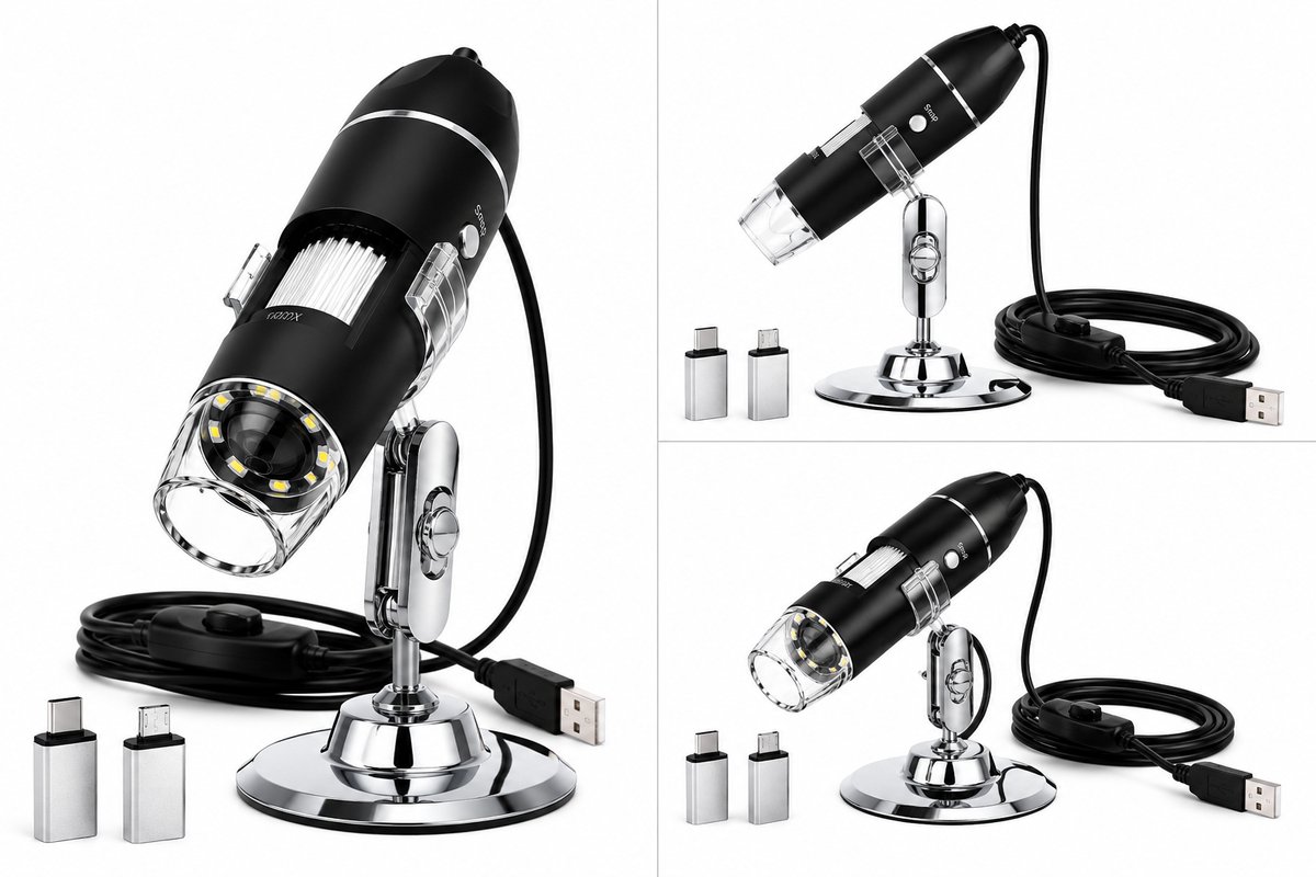Digitale USB Microscoop 1600x Vergroting – HD Microscoopcamera met LED Verlichting – Compatibel met PC, Laptop & Smartphone – Inclusief Standaard
