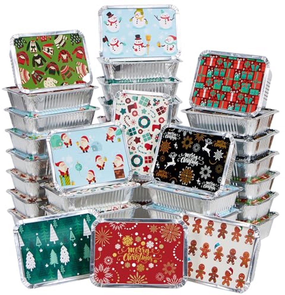 Kerst foliecontainers - Bakjes met deksel - Traktaties verpakken - 8 Feestelijke designs - 40 stuks - Multicolor