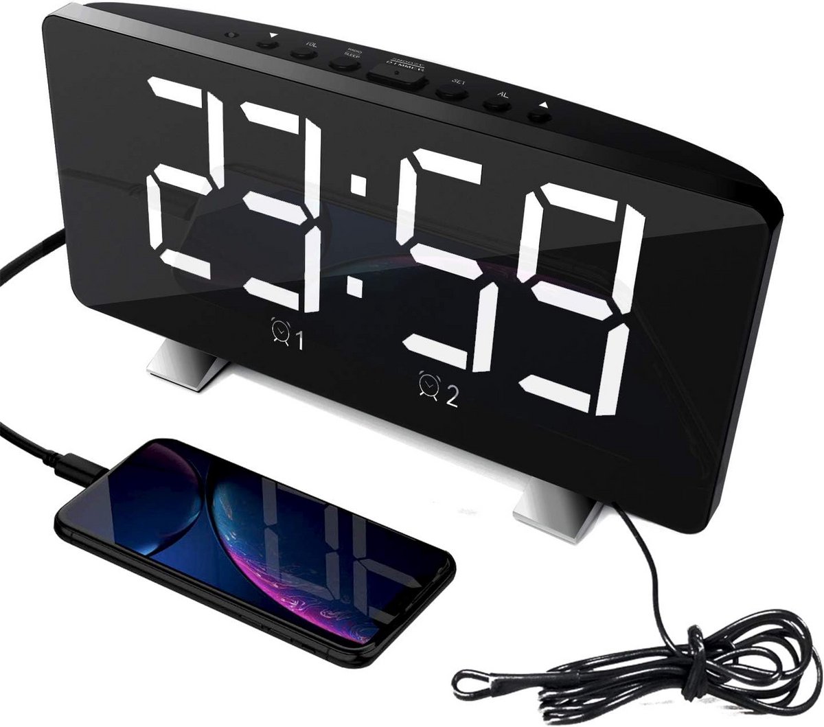Wekker Radio - Digitale Klok - Wakker Worden - Dubbele Alarmen - 7.3 Inch Display - Wit