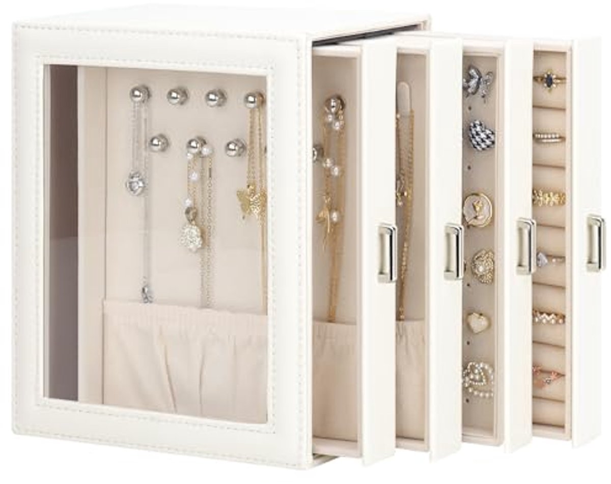 Sieradendoos Organizer - Juwelendoos Opslag - Sieraden Opbergen - Verwisselbare Lades - 18 x 14.5 x 22 cm - Beige