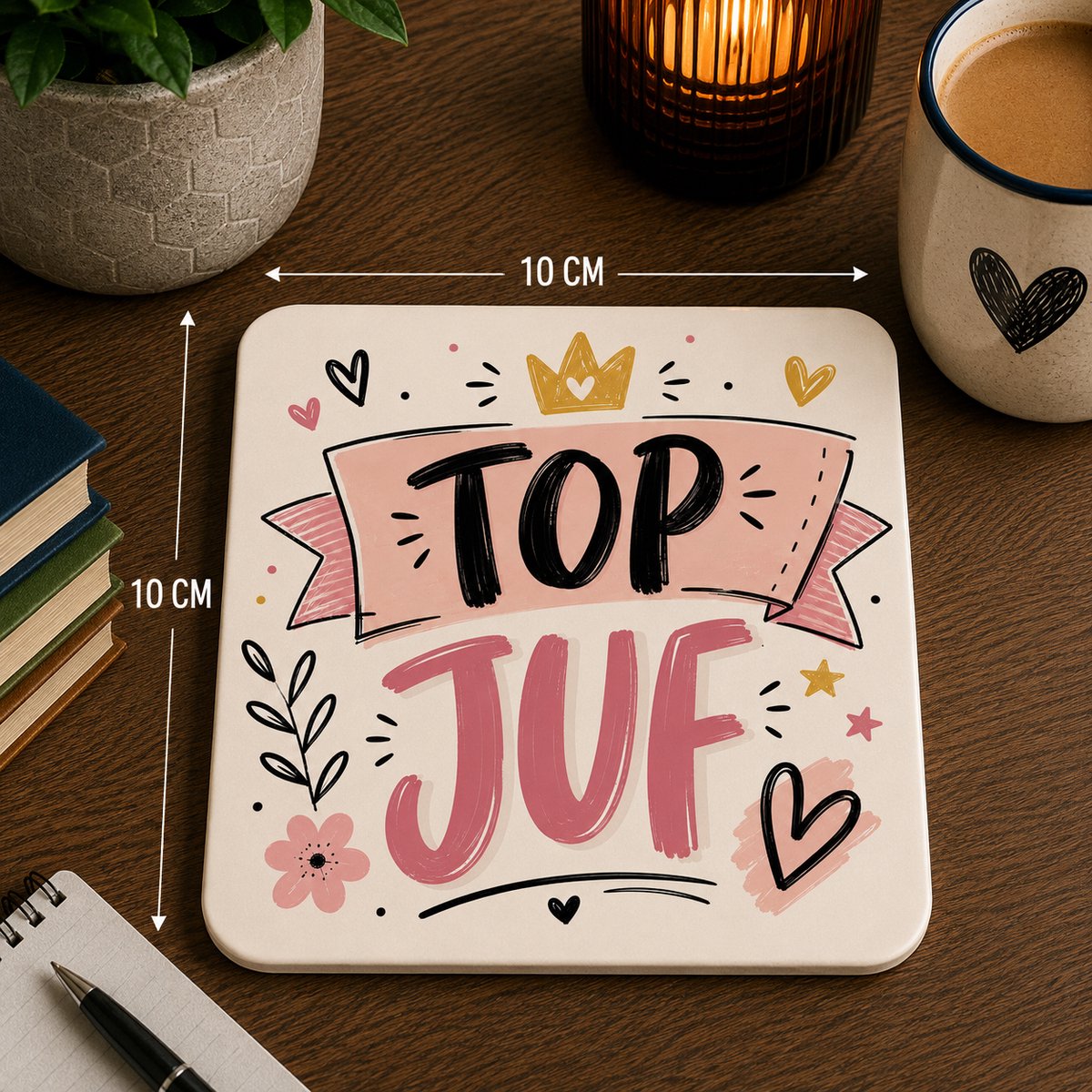 Top Juf Onderzetter 10x10 cm – Cadeau voor Juf – Keramische Onderzetter met Vrolijk Design