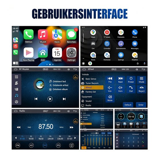 Gebruikersinterface van de ESSGOO autoradio. Toont startscherm, menu's, radio en instellingen.