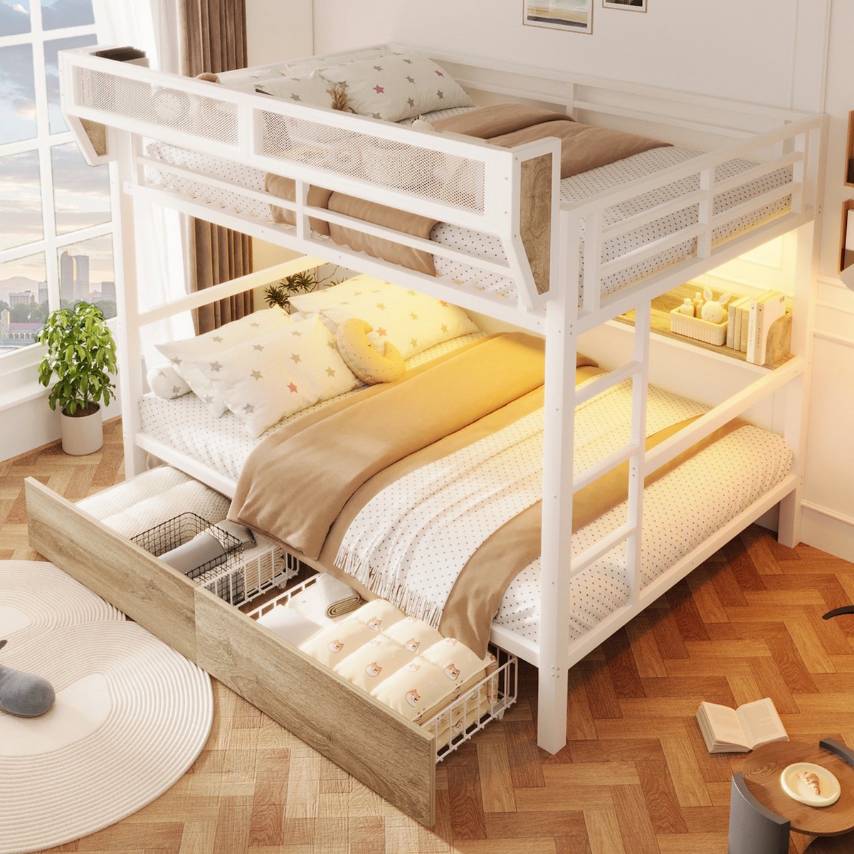Stapelbed 140 x 200 cm, Kinderbed Ijzeren Bedframe, Plank, Opbergmand, 2 Binnenlades, Ledverlichting, Hoogslaper Zonder Matras-Wit