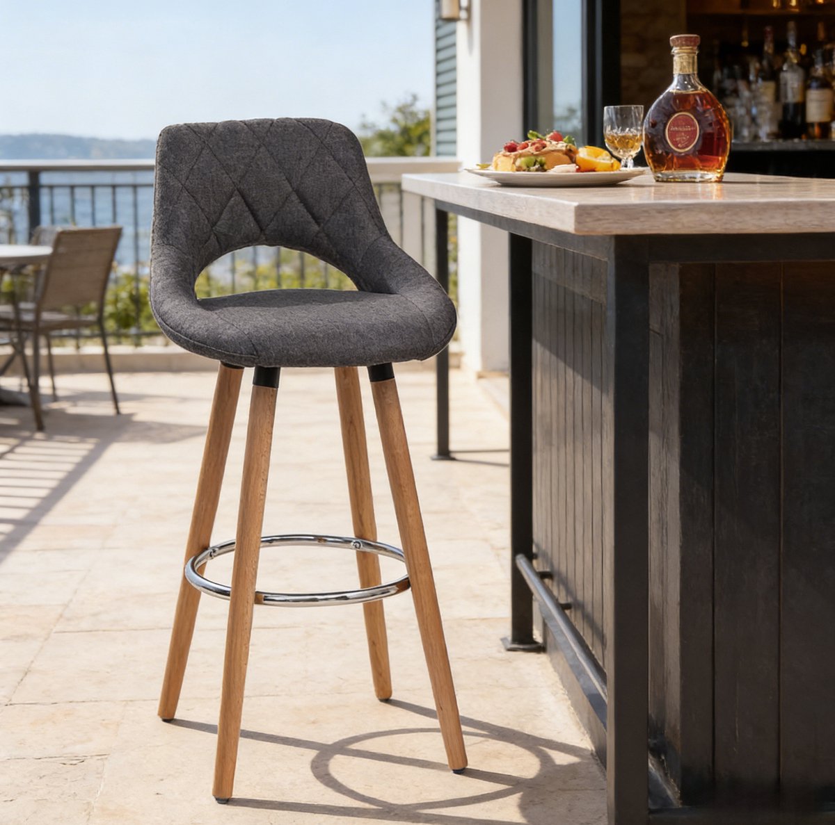 MIVRAY Barkruk 68 Cm - Ergonomische Zitting Met Rugleuning - Voor Keuken En Bar - Linnen En Massief Hout - Donkergrijs