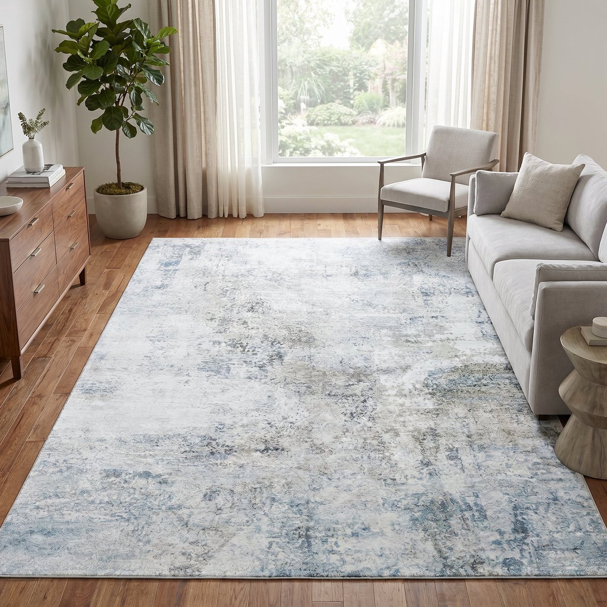 TAPISO Venezia Vloerkleed Woonkamer Laagpolig Grijs Blauw Verweven Abstract Antislip Tapij