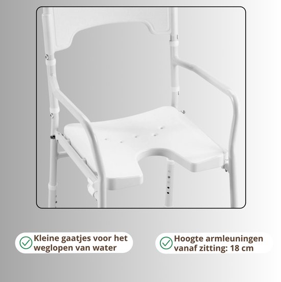 Close-up van een wit douchestoeltje met kleine gaatjes voor waterafvoer en armleuningen op 18 cm hoogte.