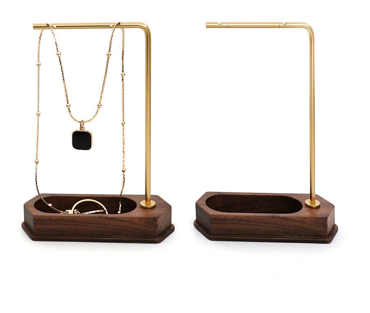 MAGICSHE 2 Stuks L-Vormige Sieradenstandaard, Sieradenhouder, Juwelenhouder - Metalen Frame Met Houten Basis Voor Kettingen, Armbanden, Oorbellen En Ringen Model B
