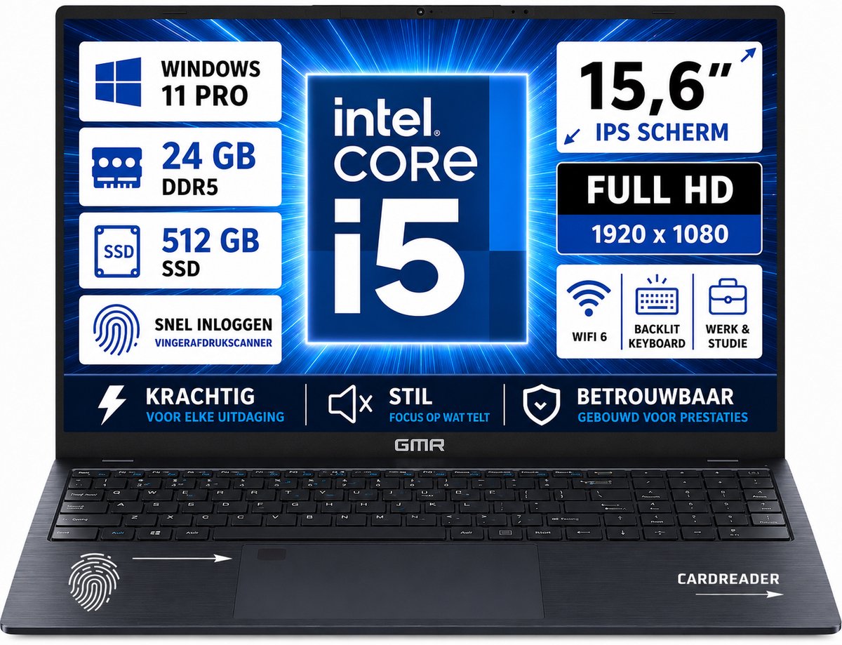 GMR Laptop 15.6 Inch Full HD IPS Scherm | Intel Core i5 | 24GB DDR5 RAM | 512GB SSD | Windows 11 Pro | Zakelijke Laptop | Werk Laptop | Studenten Laptop | Thuiswerk Laptop | Office Laptop | Kantoor Laptop
