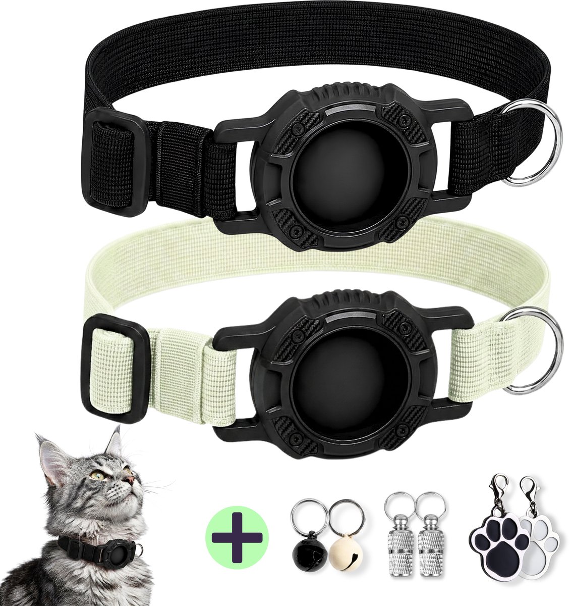 WHISKERZ® CORE Voordeelset - 2X Veilige Elastische Kattenhalsbanden met Tag Houder - Geschikt Voor Apple AirTag - 1x Zwart + 1x Beige - Anti Kras, Rekbaar, Verstelbaar en Lichtgewicht - Inclusief Adreskoker en Belletje - Halsband voor Kat