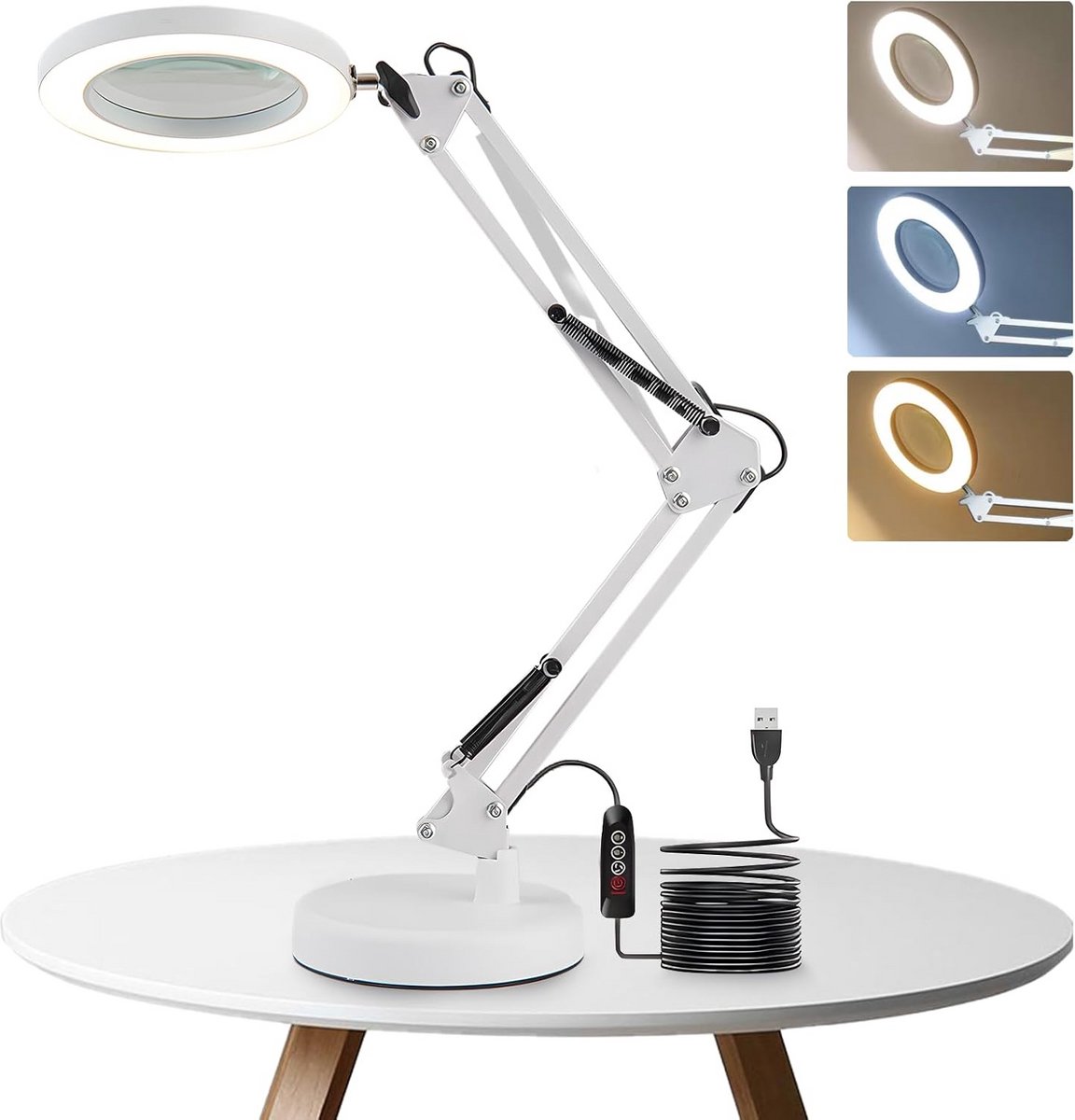 Vergrootglas met Lamp - Leeslamp - Hobby en Werk - Verstelbare Arm - 5x Vergroting - Wit