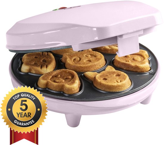 Bestron Wafelijzer - AAW700P - 700W- Mini cakes - Dierenvormpjes - Roze - 5 jaar garantie