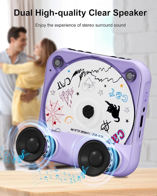 Draagbare cd-speler met dubbele stereoluidsprekers - oplaadbare draagbare cd-speler met Bluetooth voor thuisgebruik, inclusief hoofdtelefoon, ondersteunt cd/aux/usb, paars — afbeelding 3