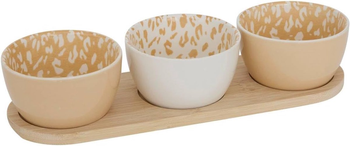 Secret de Gourmet 4-delige Aperitiefset - Leopardi Bamboe Dienblad met 3 Witte Borden