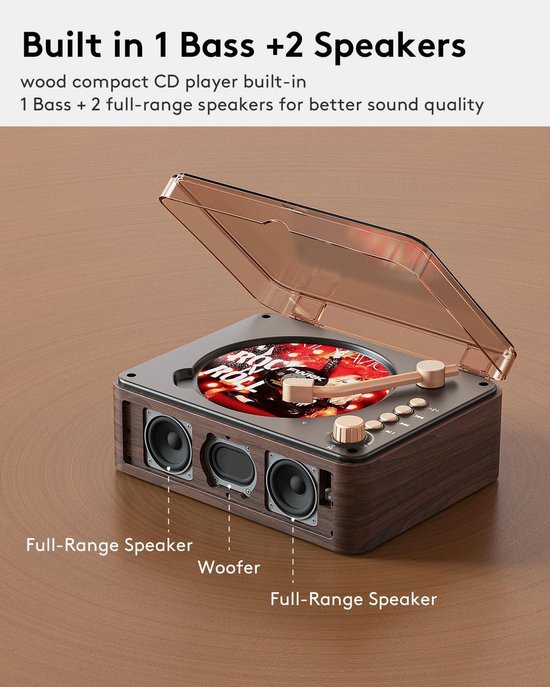 CD-speler met Bluetooth-luidsprekers, nostalgische retro draagbare CD-speler voor thuis, houten muziekspeler, FM-radio voor thuis, bedraad en met afstandsbediening - walnootbruin — afbeelding 5