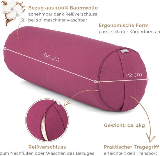Yoga Bolster Rol - Yin Kussen - Ontspannen Yoga - Bio Spelt Vulling - 65 x 22 cm - Aubergine van Anita — afbeelding 5