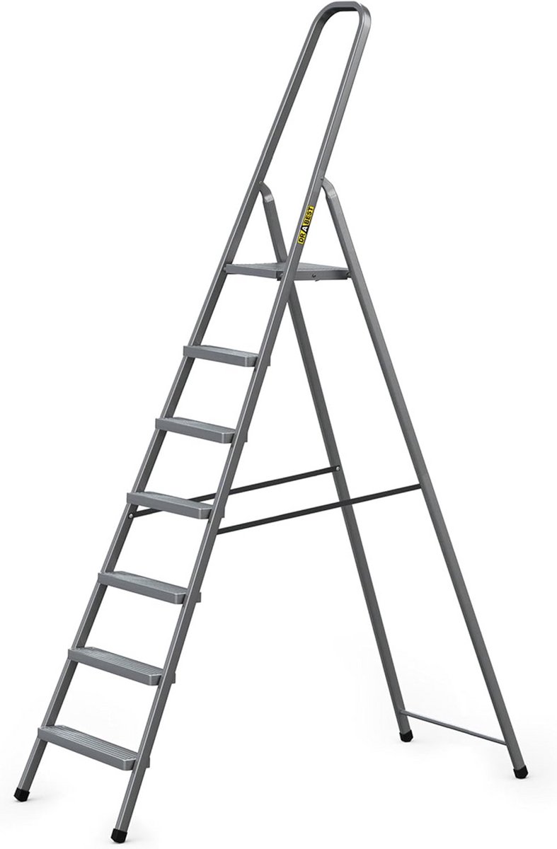 Trapladder met treden - Huishoudtrap - Kluswerkzaamheden uitvoeren - Brede geribbelde treden - 7 treden - Grijs