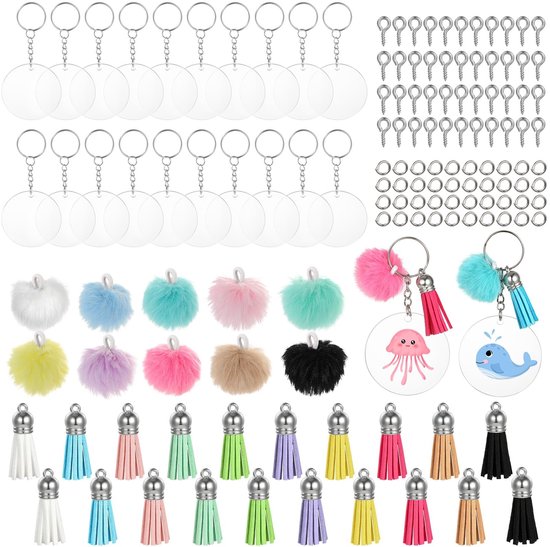 Dailygoods- Acryl Sleutelhanger Set 150 Stuks - Ronde Transparante Sleutelhanger Blanks - Sleutelhanger Accessoires - Kwastjes/Pompons - Creatief Decoreren - Unieke DIY Projecten - Sleutelhangers