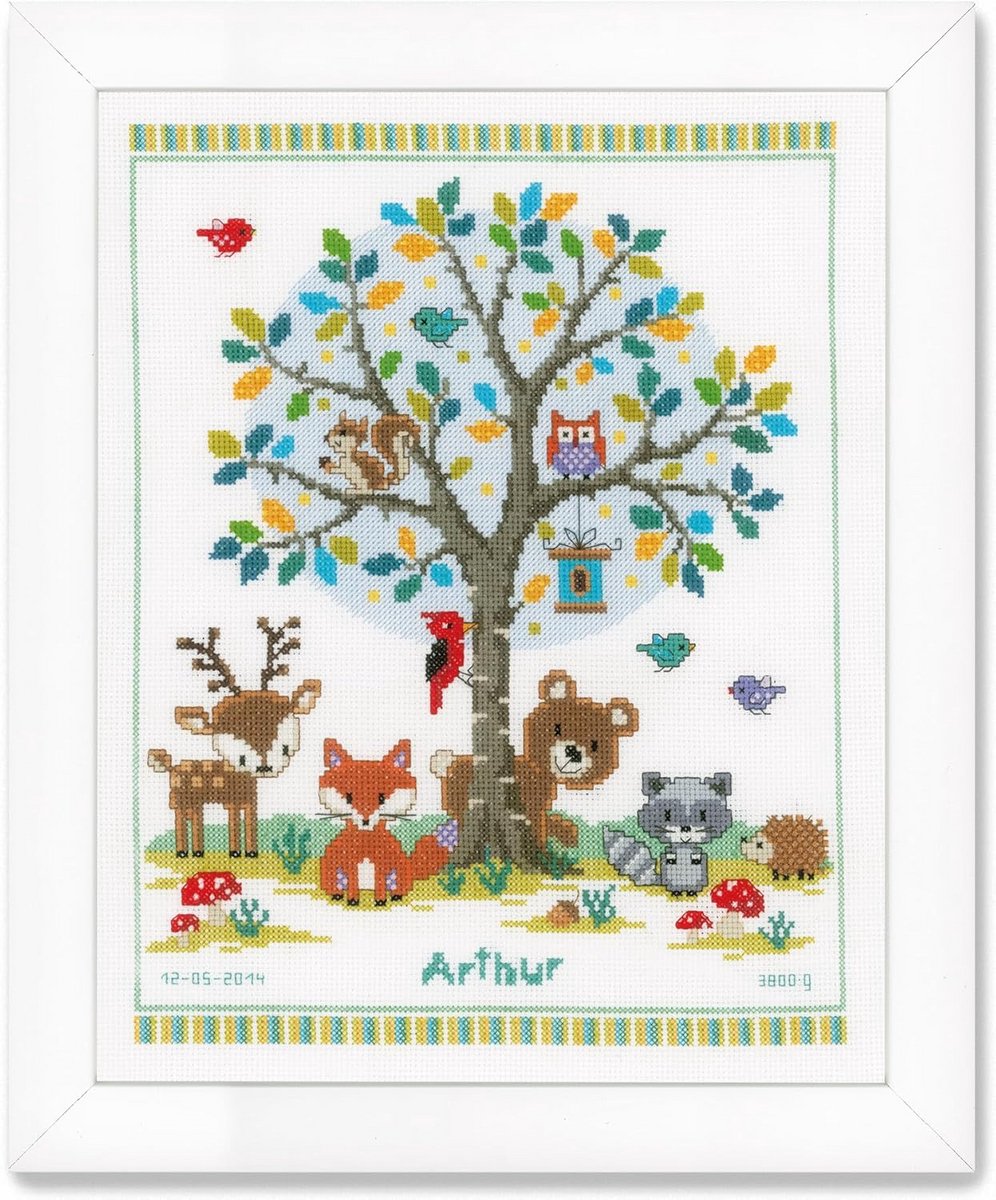 Kruissteek Borduurpakket - Handwerkpakket Babykamer - Wanddecoratie Maken - Compleet Met Telpatroon - 28 x 35 cm - Boskleuren