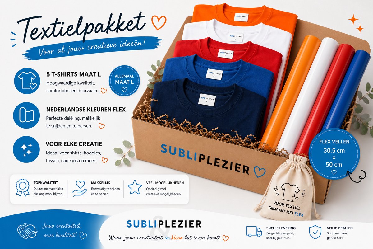 Nederland Textielbedrukkingspakket XL – 5 T-shirts maat L + Flexfolie Oranje, Wit, Rood & Blauw (30,5 x 50 cm)