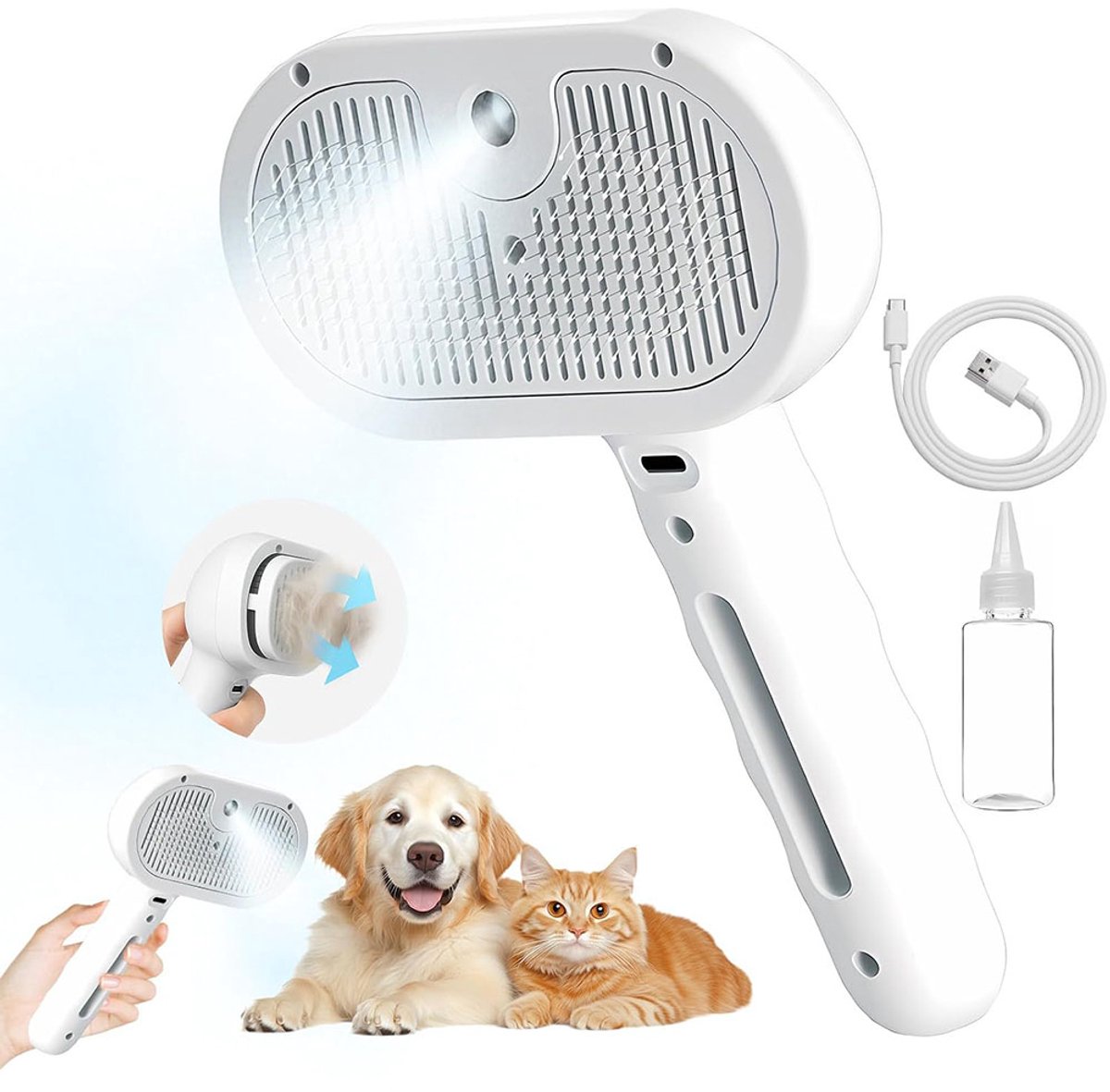 carmdering - Spraykam voor huisdieren - massagekam voor kattenreiniging - anti-vliegenhaarverwijderingskam met één klik - dierenbenodigdheden ， zelfreinigende spraykam Geschikt voor lang/kort haar (wit)