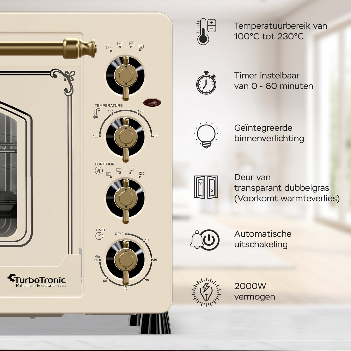 TurboTronic R45 Vrijstaande Oven – Retro Stijl – 45 Liter Mini Oven – 2000W – Inclusief Draaispit en Bakplaten – Beige – foto 5